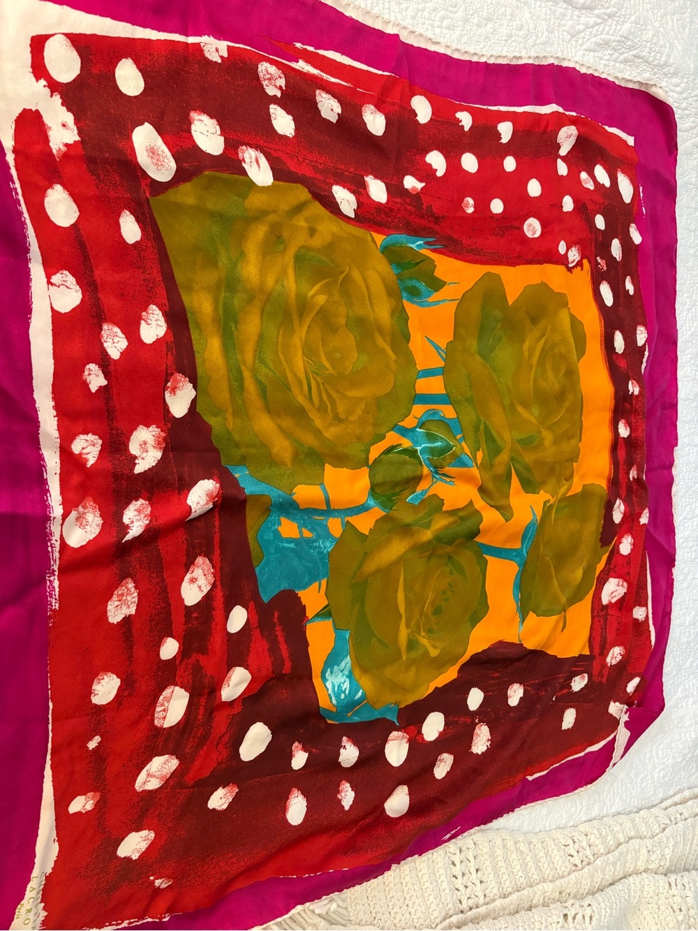 Christian Lacroix Bold Floral Silk Scarf in Magenta, Red, Green and Orange.